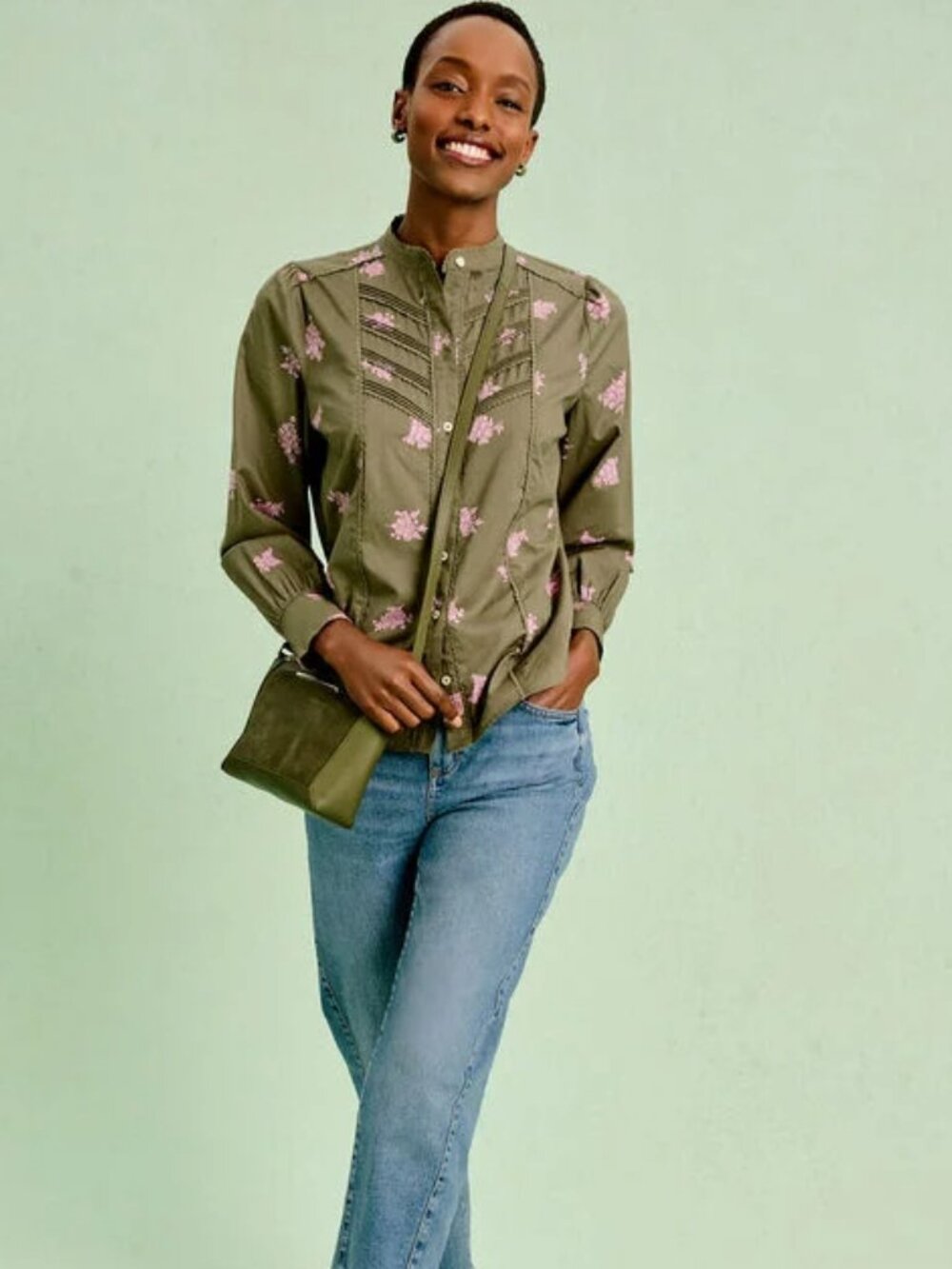 Talbots Lace Trim Shirt in Floral Clusters Cottagecore Olive Granola Girl Sz MP - Picture 2 of 6
